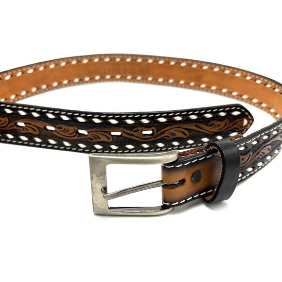3D Leather Western Belt 26 Tooled Laced Black Brown Cowboy Cowgirl Rodeo Vintage - Picture 2 of 8